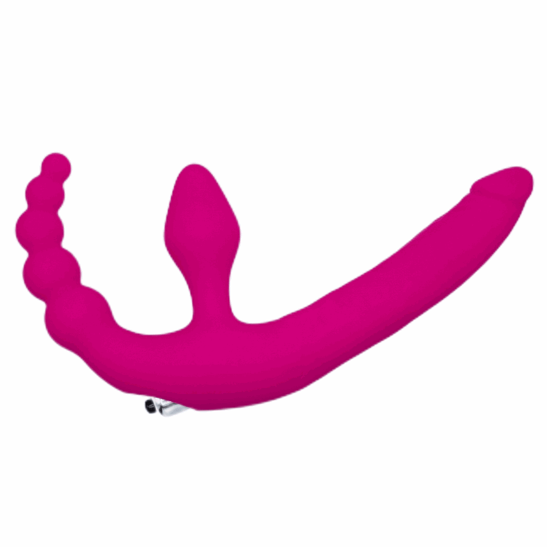 Cиликоновый безремневой страпон Bright Love Pink с вибрацией и анальной "ёлочкой" - 15 см.