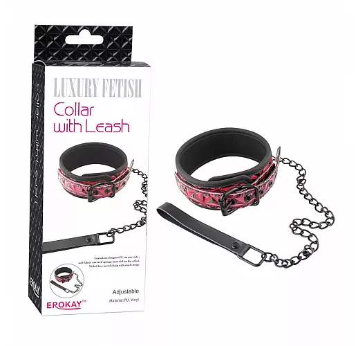 Красно-чёрный кожаный ошейник с поводком Collar With Leash