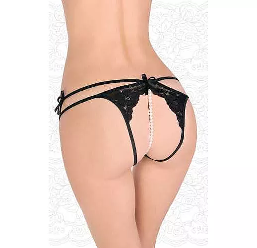 Ажурные стринги с бусинами и двойными бретелями L-XL черный