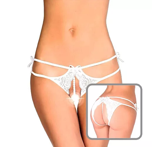 Ажурные стринги с бусинами и двойными бретелями M-L белый