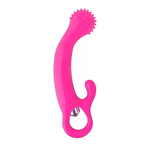 Розовый силиконовый вибромассажер с круглой в "пупырышках" головке для точки G - 13 см.