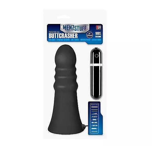 Большой чёрный анальный вибратор MENZSTUFF VIBRATING BUTTCRASHER RIBBED - 20 см.