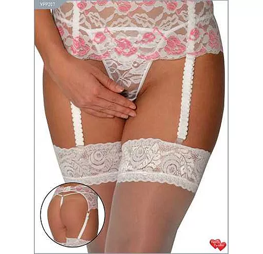 Красивый кружевной пояс в комплекте с контактными трусиками-стринг L-XL белый с розовым