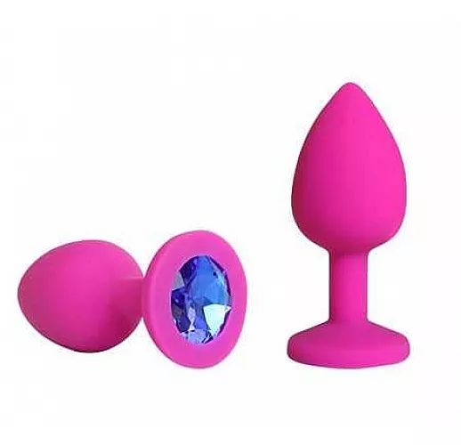 Розовая силиконовая пробка с синим кристаллом размера L - 9,2 см.