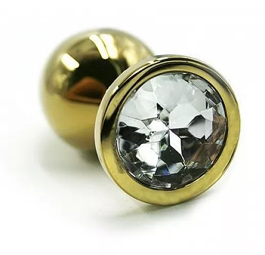 Золотистая алюминиевая анальная пробка с прозрачным кристаллом - 6 см.