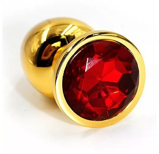 Золотистая алюминиевая анальная пробка с красным кристаллом - 6 см.