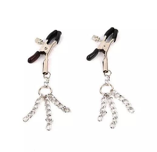 Серебристо-черные зажимы на соски с декором из цепочки