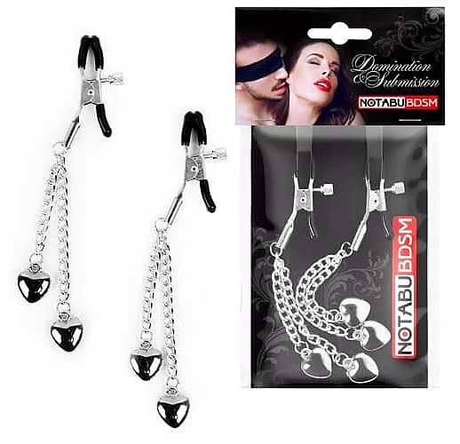 Серебристо-черные зажимы на соски с декором в виде сердечек