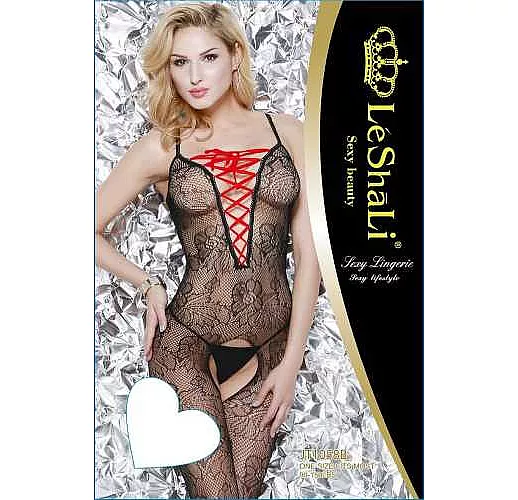 Ажурный кэтсьюит с яркой шнуровкой в области декольте S-M-L черный с красным