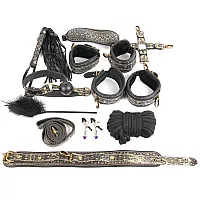 Большой набор БДСМ: наручники, оковы, ошейник, поводок, верёвка, фиксатор, плеть, кляп, маска, зажим