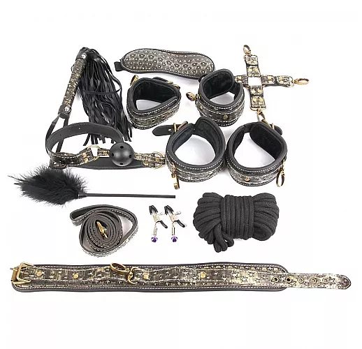 Большой набор БДСМ: наручники, оковы, ошейник, поводок, верёвка, фиксатор, плеть, кляп, маска, зажим