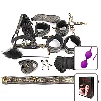 Большой набор БДСМ: наручники, оковы, ошейник, поводок, верёвка, фиксатор, плеть, кляп, маска, зажим