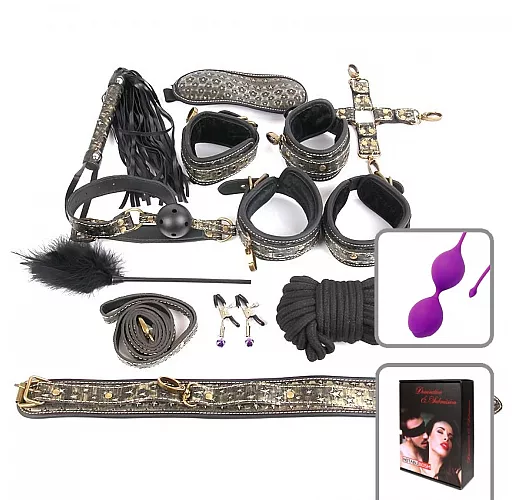 Большой набор БДСМ: наручники, оковы, ошейник, поводок, верёвка, фиксатор, плеть, кляп, маска, зажим