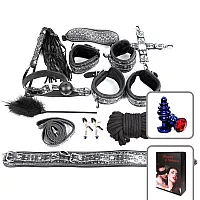 Большой набор БДСМ: наручники, оковы, ошейник, поводок, верёвка, фиксатор, плеть, кляп, маска, зажим