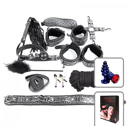 Большой набор БДСМ: наручники, оковы, ошейник, поводок, верёвка, фиксатор, плеть, кляп, маска, зажим