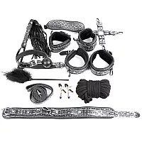 Большой набор БДСМ: наручники, оковы, ошейник, поводок, верёвка, фиксатор, плеть, кляп, маска, зажим