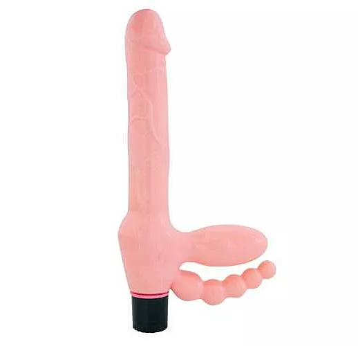 Телесный безремневой страпон с анальным отростком