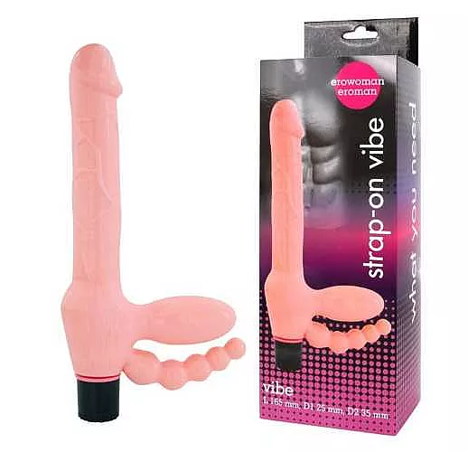 Телесный безремневой страпон с анальным отростком