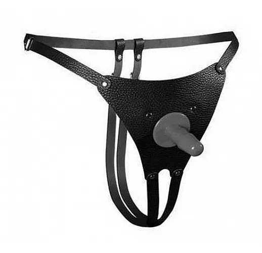 Черные кожаные трусики для страпона