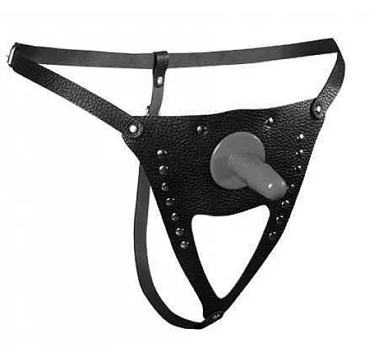 Черные трусики для страпона из кожи