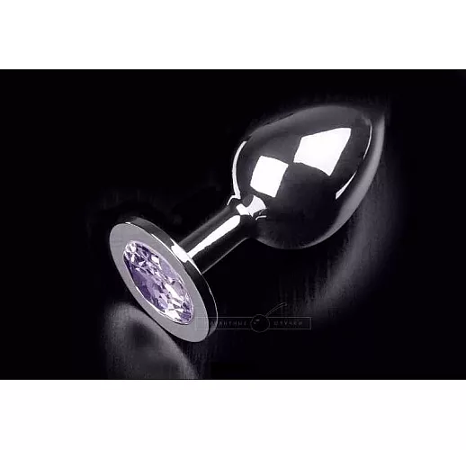 Большая серебристая анальная пробка с круглым кончиком и ярким сиреневым кристаллом - 9 см.