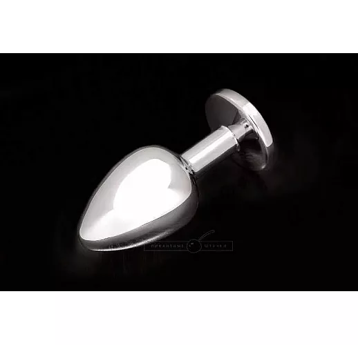 Большая серебристая анальная пробка с круглым кончиком и ярким сиреневым кристаллом - 9 см.