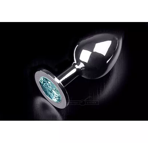 Большая серебристая анальная пробка с круглым кончиком и ярким голубым кристаллом - 9 см.