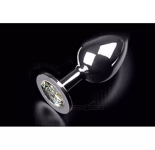 Большая серебристая анальная пробка с круглым кончиком и прозрачным кристаллом - 9 см.