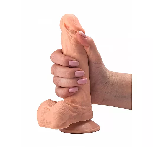 Гелевый фаллоимитатор с мошонкой на подошве-присоске - 20 см.