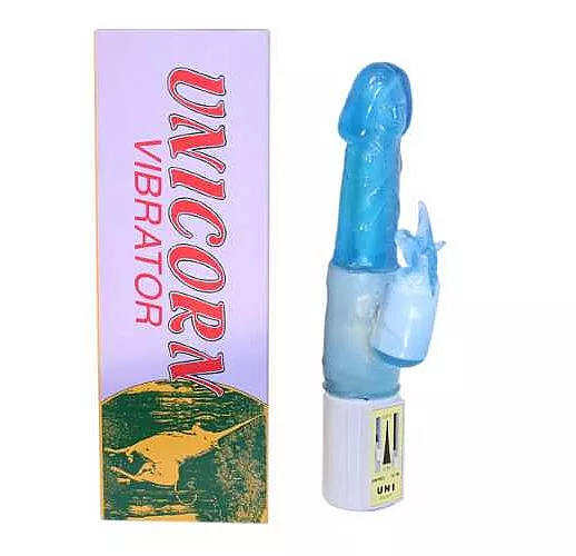 Голубой вибратор с клиторальным отростком в виде единорога UNICORN - 18 см.