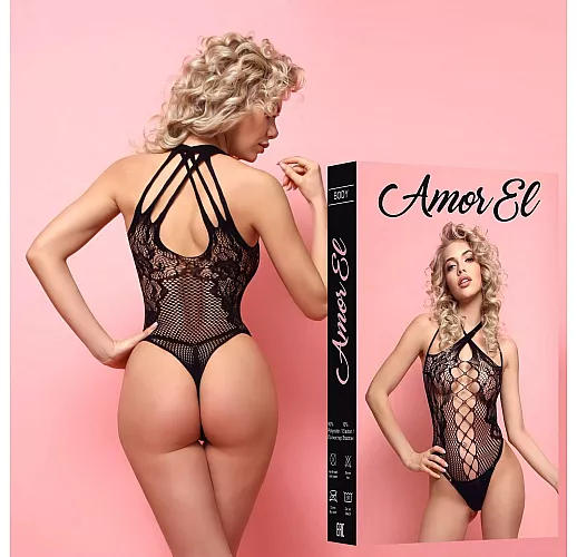 Бесподобный чёрный боди Baltanas от Amor El с доступом и V-образным воротником L-XL-XXL