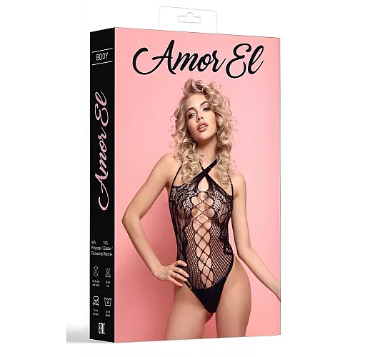 Бесподобный чёрный боди Baltanas от Amor El с доступом и V-образным воротником L-XL-XXL