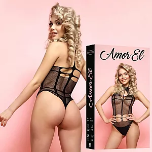 Обворожительный чёрный боди Catalina от Amor El с симметричными вырезами и ажурным воротником S-M-L