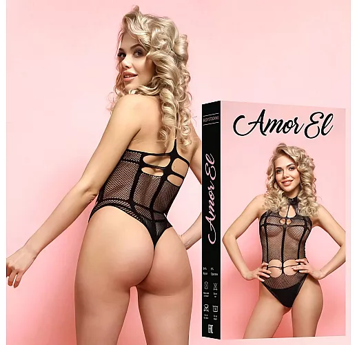 Обворожительный чёрный боди Catalina от Amor El с симметричными вырезами и ажурным воротником S-M-L