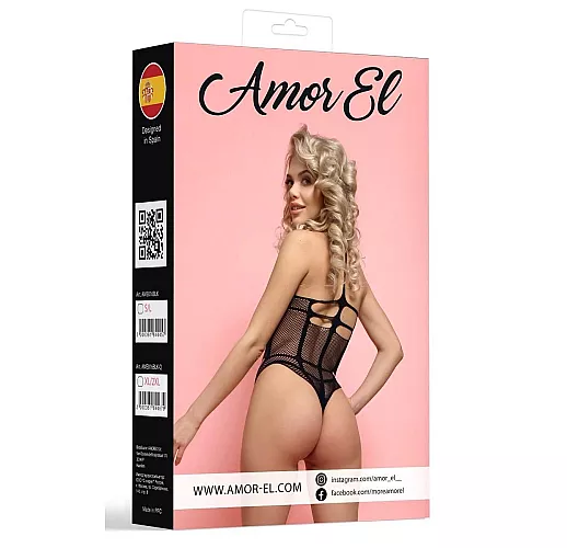 Обворожительный чёрный боди Catalina от Amor El с симметричными вырезами и ажурным воротником S-M-L