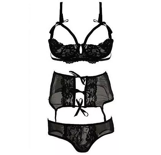 Игривый комплект 3 PC SHOW ME BRA GARTER CROTCHLESS PANTY S-M черный