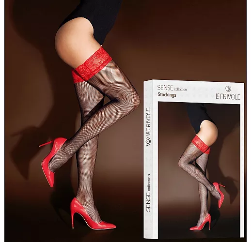 Чулки в мелкую сетку из Sense Collection от Le Frivole с красной кружевной резинкой S-M