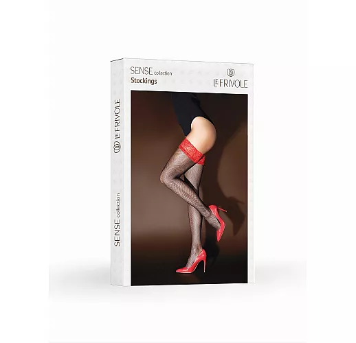 Чулки в мелкую сетку из Sense Collection от Le Frivole с красной кружевной резинкой S-M