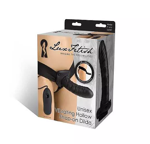 Чёрный полый страпон с вибрацией Unisex Vibrating Hollow Strap-On - 14 см.
