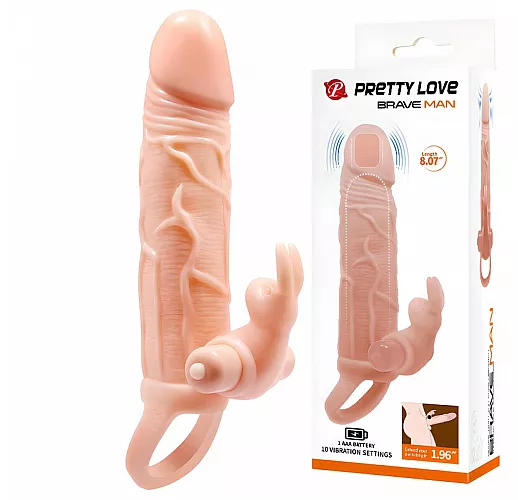 Телесная вибронасадка "Brave Man" с 10 режимами вибрации и клиторальным стимулятором - 20,5 см.