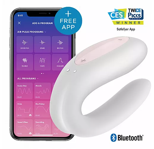 Белый вибратор для пар Satisfyer Double Joy с управлением через приложение