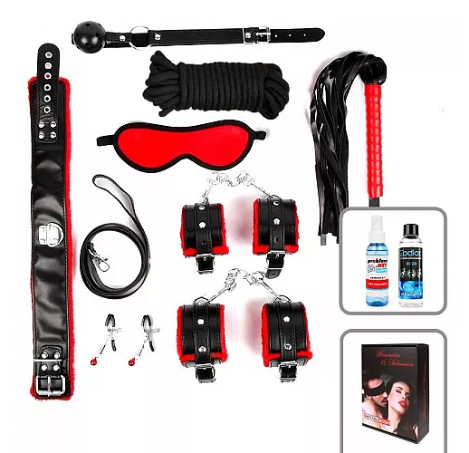 Люксовый черно-красный набор БДСМ: маска, кляп, зажимы, плётка, ошейник, наручники, оковы, верёвка