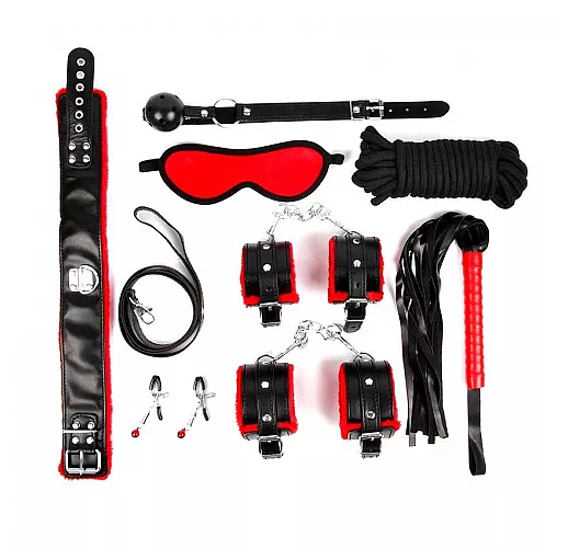 Люксовый черно-красный набор БДСМ: маска, кляп, зажимы, плётка, ошейник, наручники, оковы, верёвка