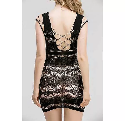 Сетчатое платье с имитацией шнуровки на груди и спинке S-M-L черный