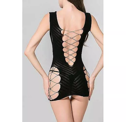 Эффектное сетчатое платье с имитацией шнуровки на животике и лифе S-M-L черный