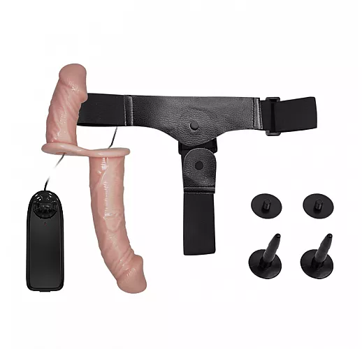 Женский телесный страпон Ultra Dual Penis с двумя вибромоторами и пультом управления - 17,5 см.