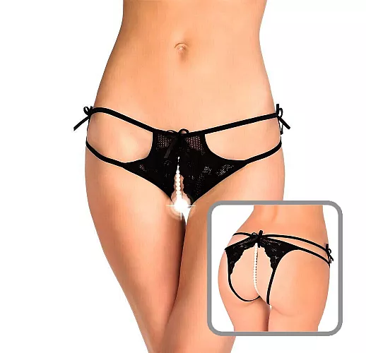 Ажурные стринги с бусинами и двойными бретелями M-L черный