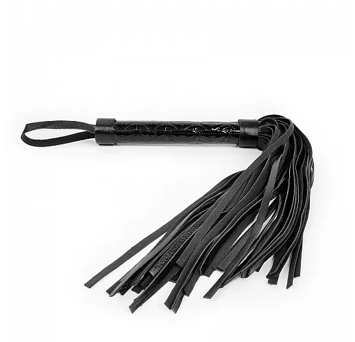 Черная многохвостовая плеть-флогер Notabu "Status" с круглой гладкой декорированной ручкой - 38 см.