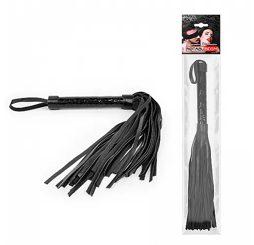 Черная многохвостовая плеть-флогер Notabu "Status" с круглой гладкой декорированной ручкой - 38 см.