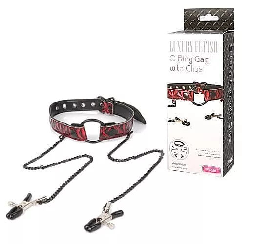Красное кляп-кольцо с зажимами на соски O RING GAG WITH CLIPS